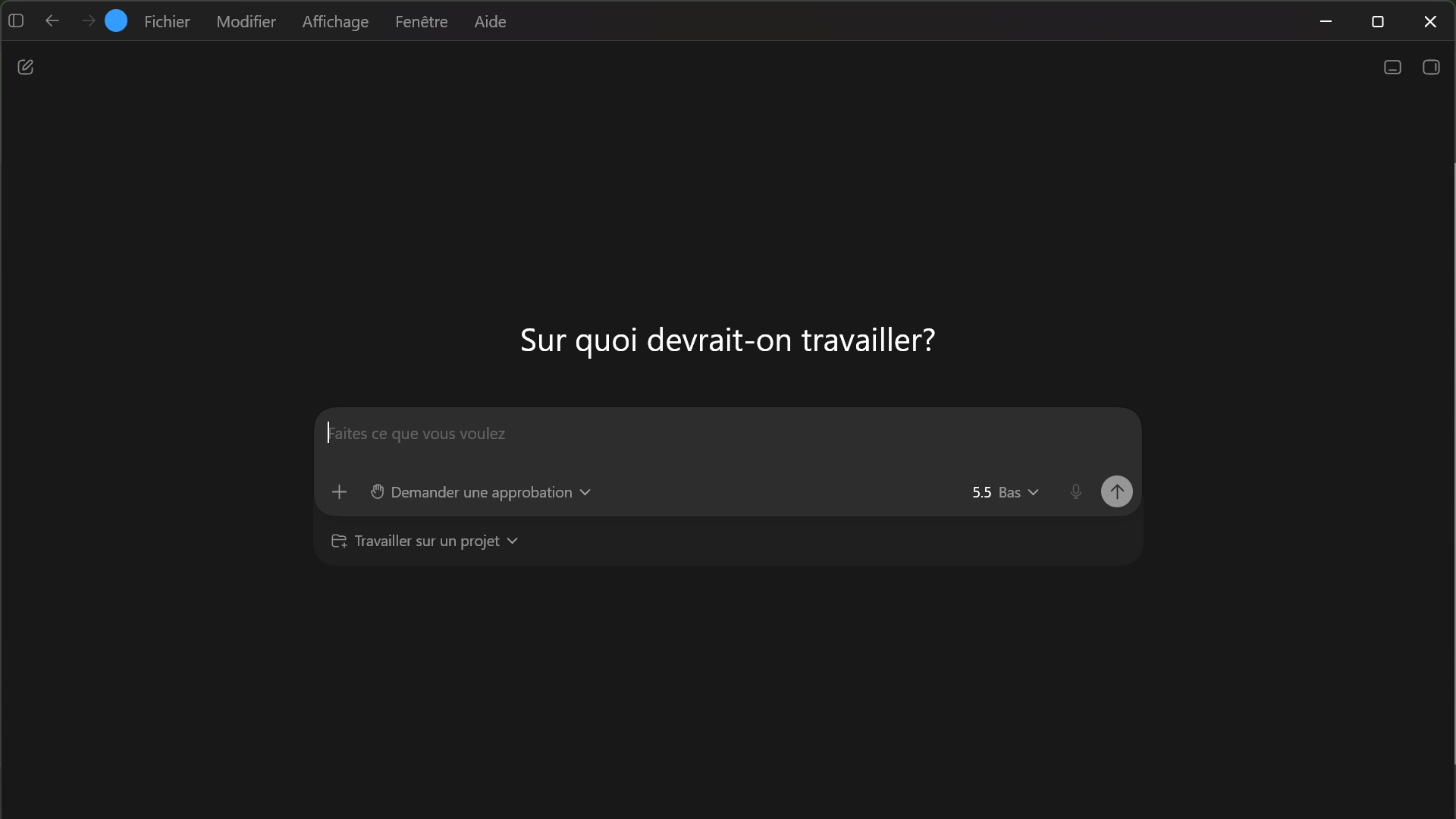 Codex start screen showing project selector
