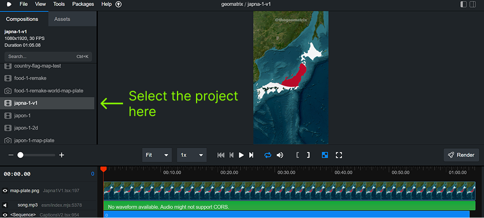 Remotion Studio preview for the map video project